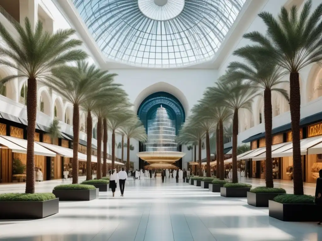 Escena de compras exclusivas en el Dubai Mall Moda inclusiva en Dubái: Personas elegantes de diversas edades y etnias de compras en Dubai Mall bajo el sol del desierto