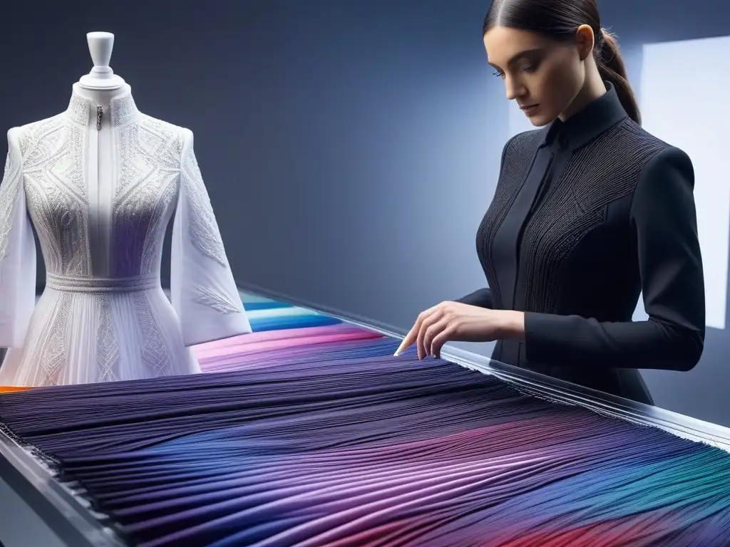 Diseñador de moda crea prenda innovadora con impresora 3D Moda inclusiva e impresión 3D: Diseñador crea prenda con tecnología y arte, rodeado de bocetos y telas coloridas