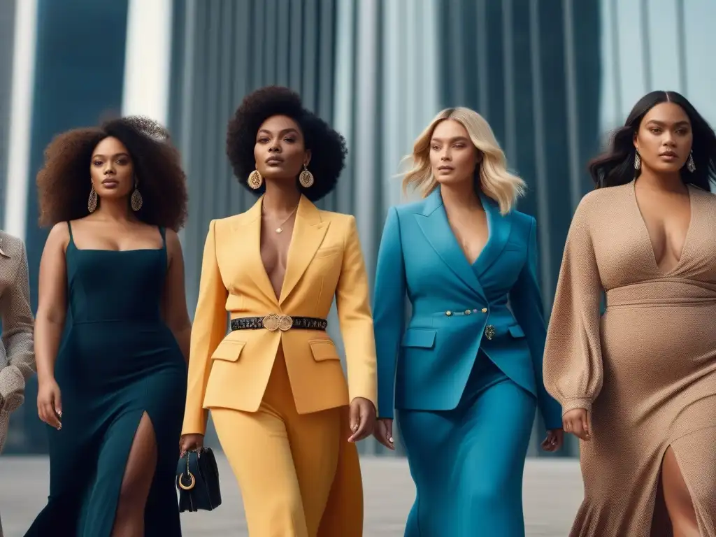 Moda de lujo inclusiva: mujeres seguras en Chloé Moda inclusiva para todas las tallas: Grupo diverso de mujeres seguras y elegantes vistiendo Chloé en entorno urbano chic