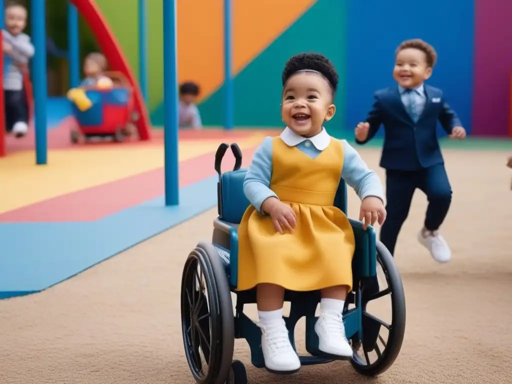 Moda inclusiva para niños: diversión y empoderamiento en el parque Moda infantil adaptativa para niños: Niños diversos juegan felices en un parque, vistiendo ropa inclusiva y moderna