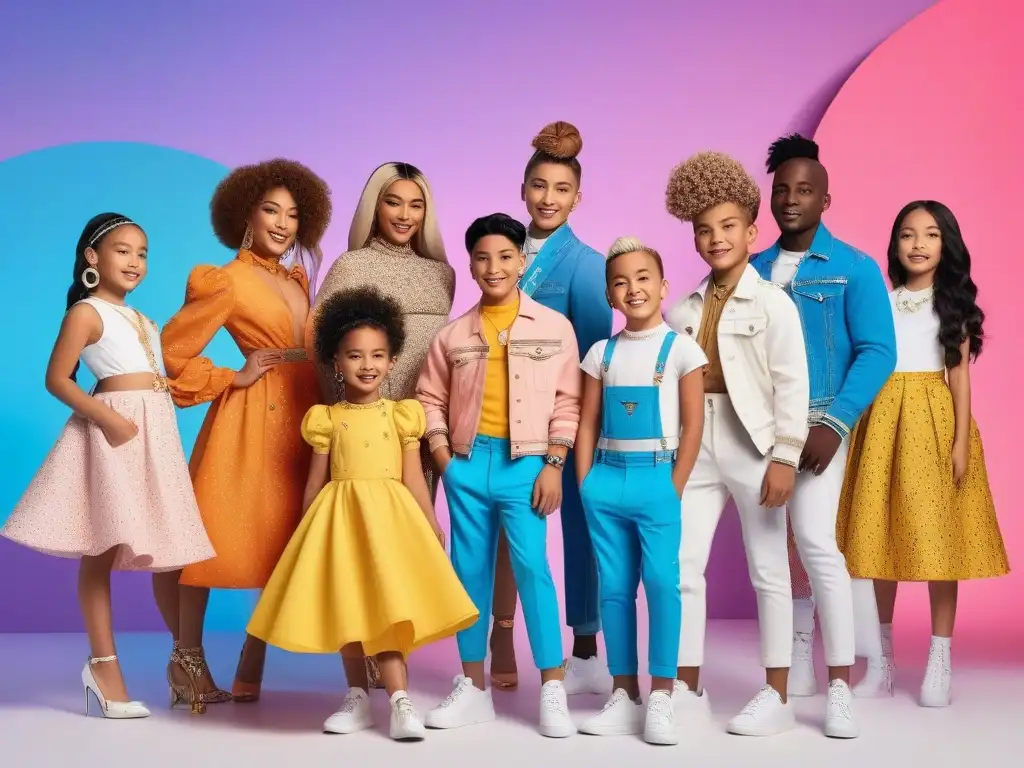 Niños felices mostrando su estilo único en estudio de moda inclusivo Moda infantil: niños felices exhiben su estilo único con confianza y autoestima en un estudio de moda inclusivo