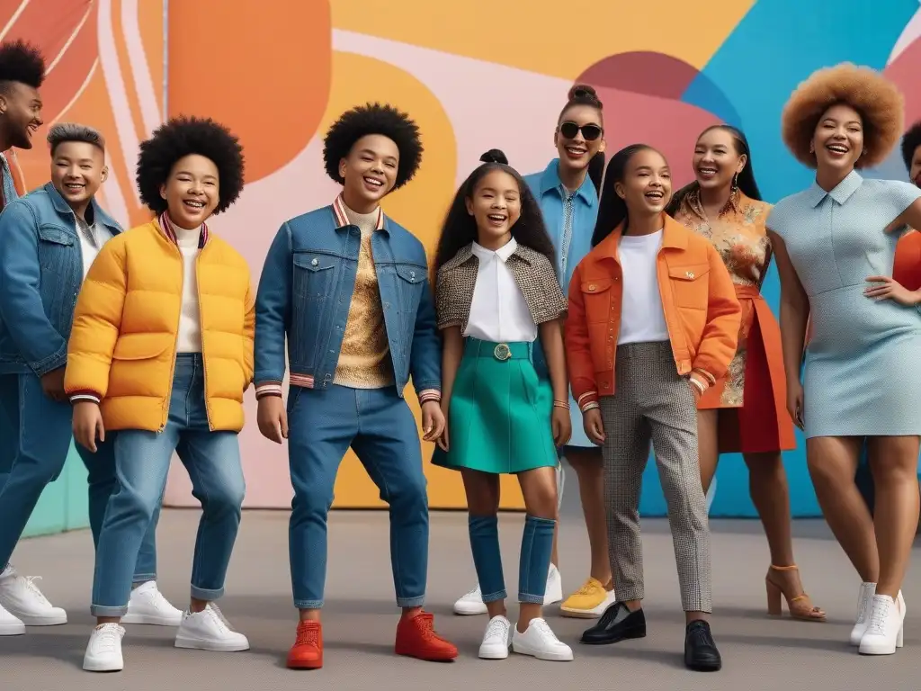Niños felices y diversos en moda inclusiva Moda infantil inclusiva: niños felices y diversos juegan juntos en un parque moderno y colorido