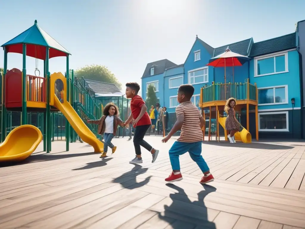 Niños felices y diversos jugando en un parque inclusivo Moda infantil inclusiva tallas especiales: Niños de diversas etnias y habilidades felices jugando juntos en un parque inclusivo y moderno