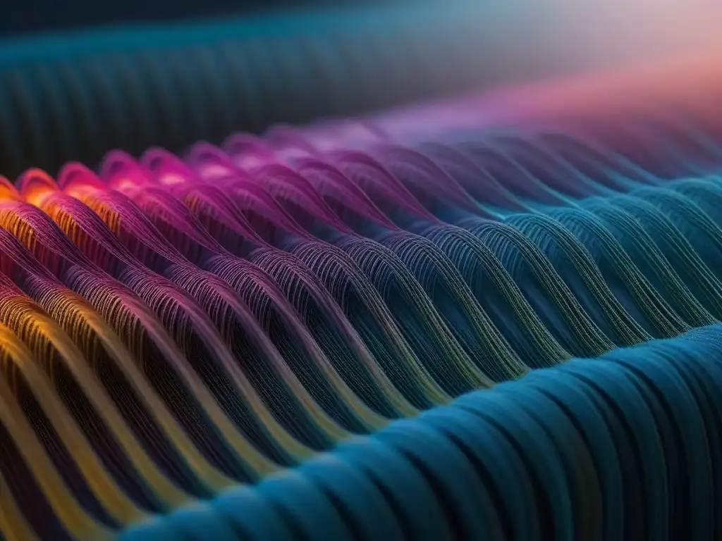 Tejido sostenible en telar ecoamigable: innovación y moda ecoconsciente Teje moda ecoconsciente con materiales innovadores en un telar ecoamigable, resaltando patrones y colores vibrantes