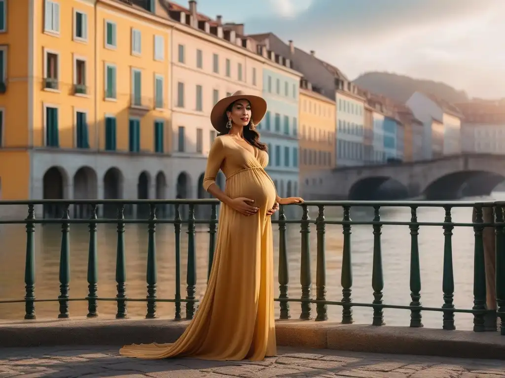 Mujer embarazada elegante en ciudad europea al atardecer Moda maternal elegante para viajes: Mujer embarazada, segura y sofisticada, frente a una ciudad europea al atardecer