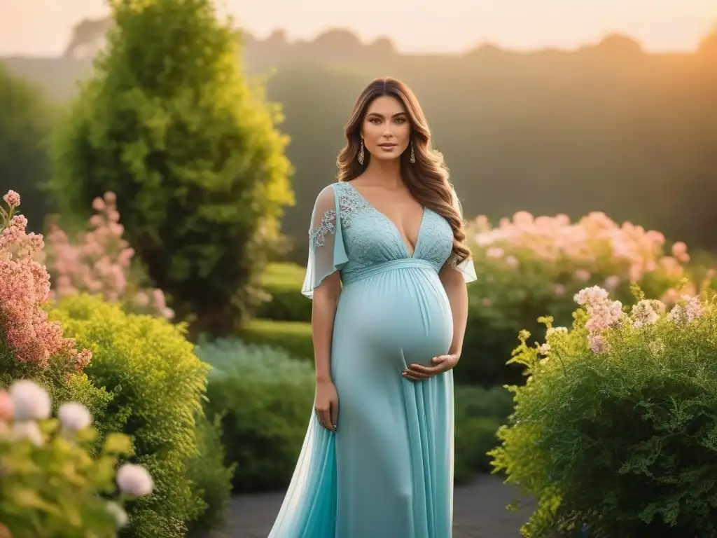 Mujer embarazada en jardín al atardecer: elegancia y serenidad Moda maternal para embarazo elegante: Mujer embarazada en jardín al atardecer, luciendo un elegante vestido pastel