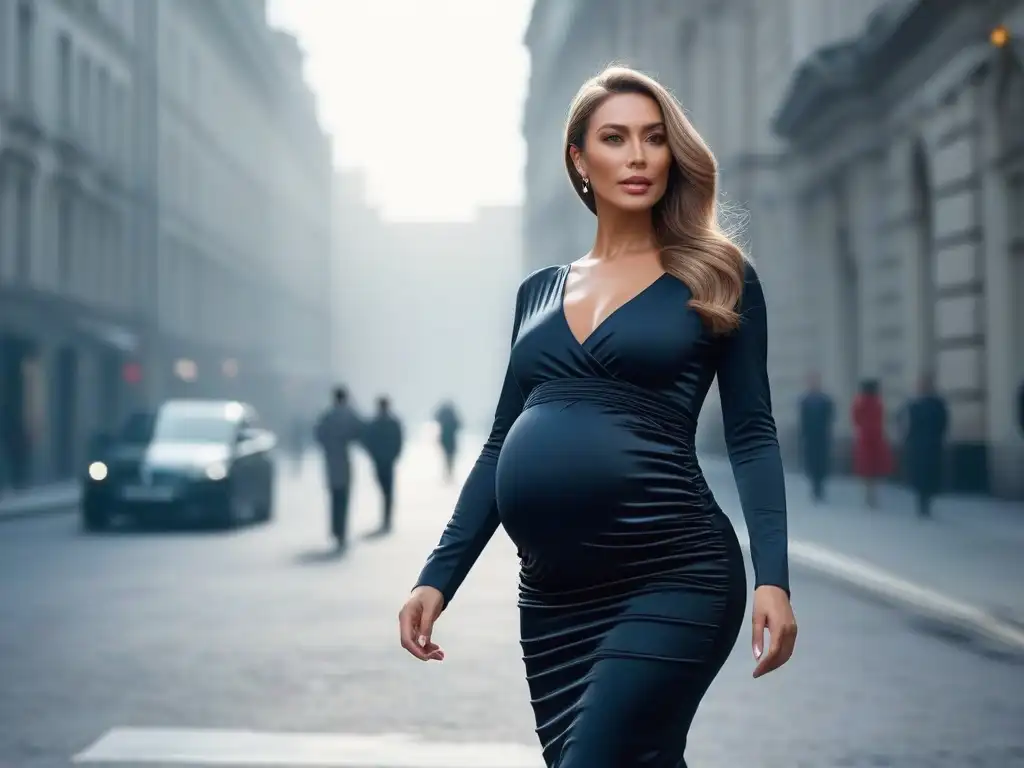 Maternidad elegante en la ciudad: mujer embarazada radiante y segura Moda maternal para embarazo elegante: Mujer embarazada con estilo pasea segura por la ciudad, fusionando moda y maternidad en un entorno sofisticado