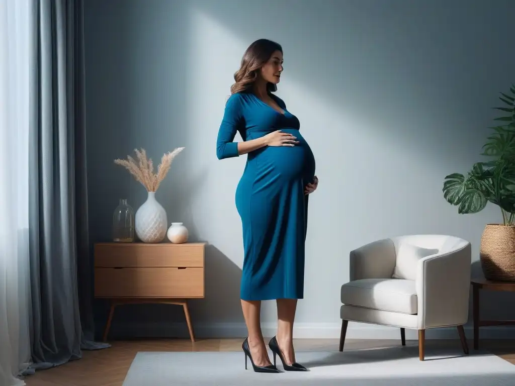 Estilo y confort: mujer embarazada radiante frente al espejo Moda maternal para embarazo: Mujer embarazada, elegante y radiante, se contempla en espejo, en habitación luminosa y elegante