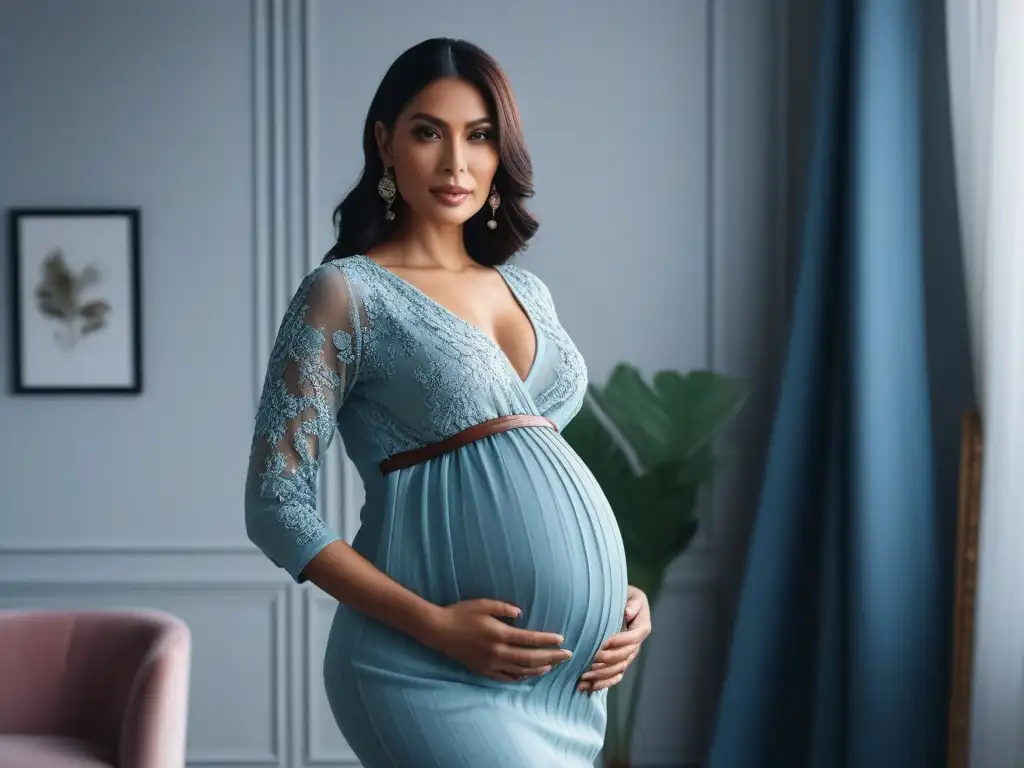 Estilo y elegancia: mujer embarazada en espejo con outfit de maternidad Moda maternal para embarazo: Una mujer embarazada elegante y moderna frente al espejo, luciendo un atuendo estiloso que realza su barriga