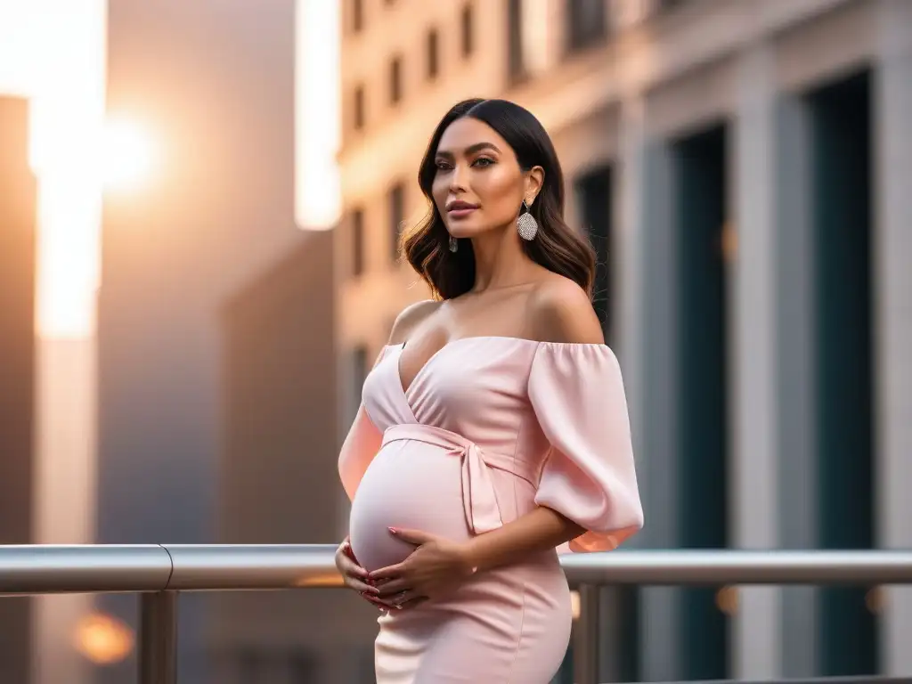 Estilo de maternidad: influencer chic al atardecer Influencer de moda maternal con estilo único en la ciudad al atardecer