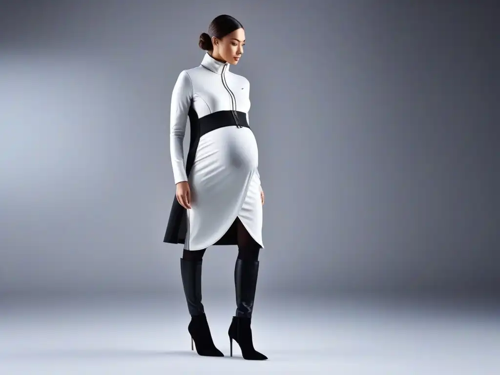 Traje de maternidad futurista: diseño elegante con tecnología inteligente Moda maternal funcional y cómoda: traje futurista con tecnología integrada y diseño elegante en tonos neutros y metálicos