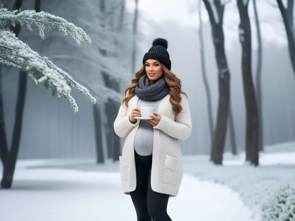 Mujer embarazada disfrutando del invierno con estilo y calidez Moda maternal invierno estilo: Mujer embarazada elegante pasea por un parque nevado con suéter grueso y botas, sosteniendo una taza de té caliente