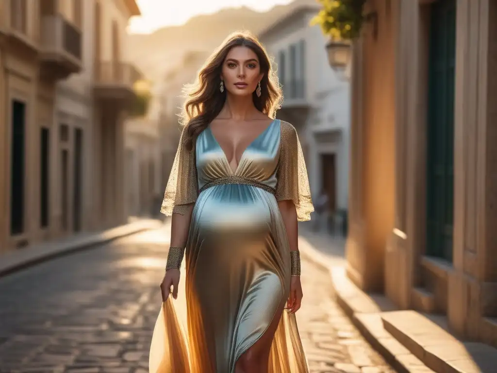 Embarazada elegante en Atenas: fusión de moda y encanto histórico Moda maternal de lujo en Atenas: Embarazada elegante pasea por calles históricas al atardecer