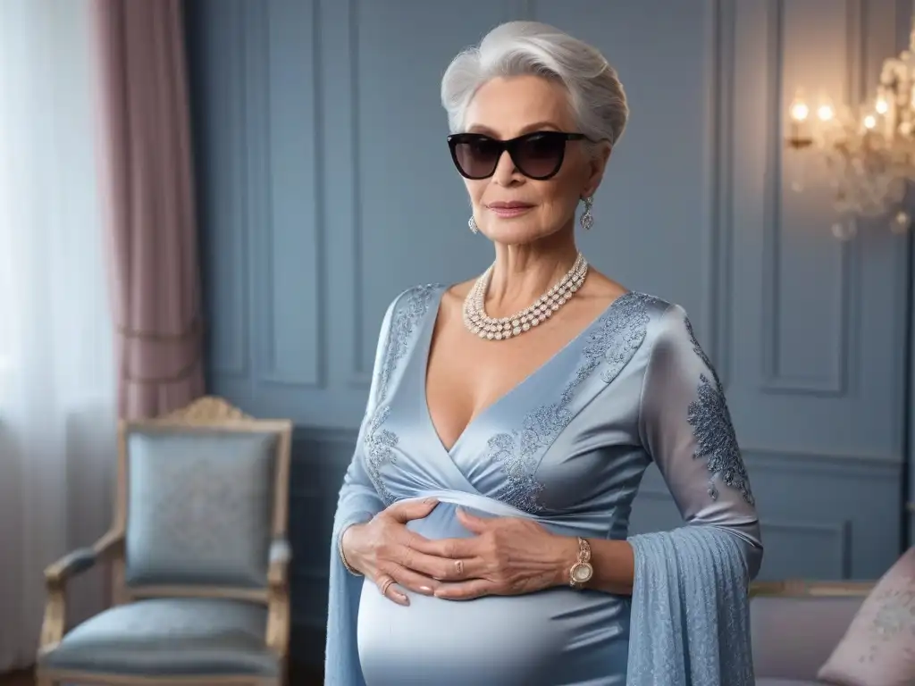 Estilo y elegancia: Futura mamá madura en un hogar moderno Moda maternal para mujeres mayores: mujer elegante y segura acariciando su barriga en un dormitorio decorado con muebles modernos y clásicos