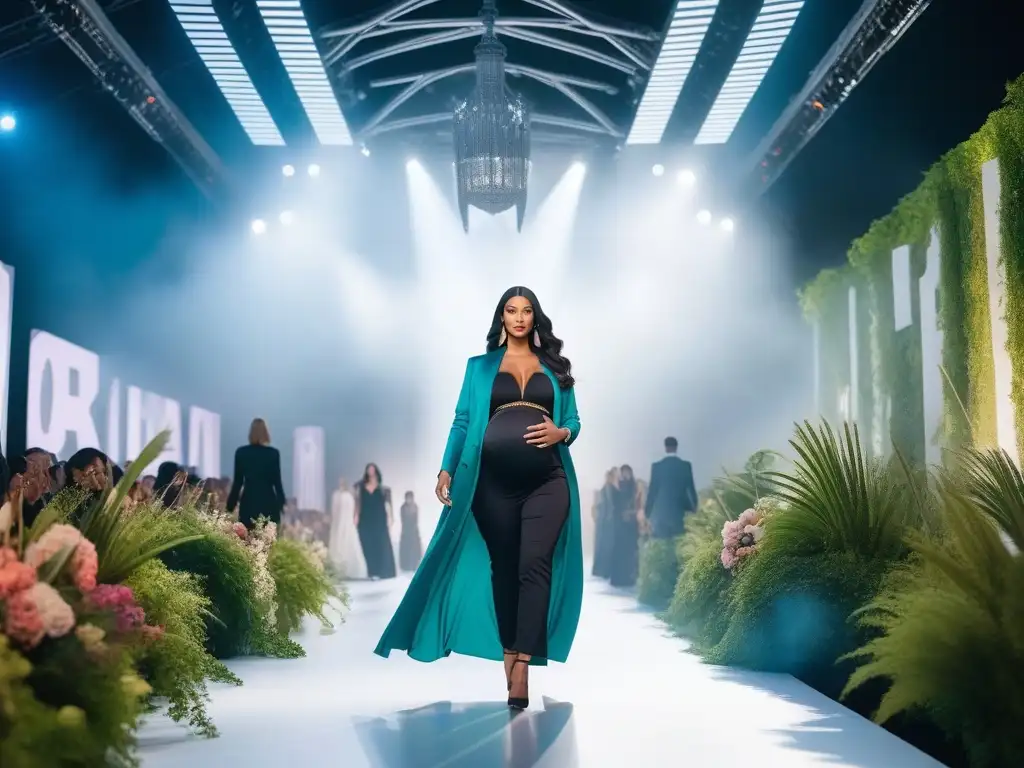 Moda sostenible para embarazadas: desfile futurista Moda maternal sostenible: embarazadas desfilan con elegancia y confianza en pasarela futurista rodeada de naturaleza y moda ecofriendly