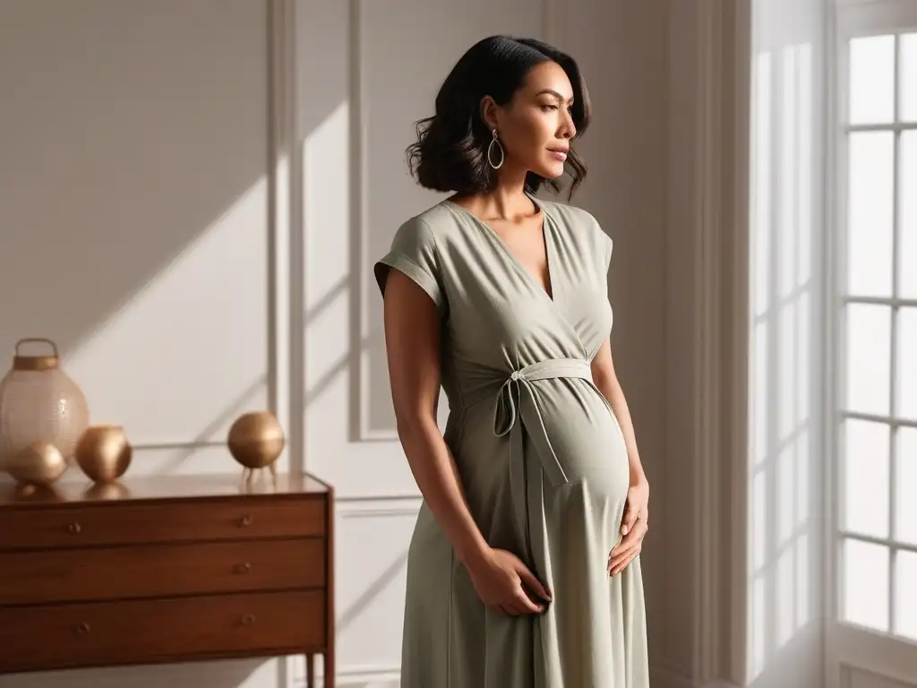 Elegancia sostenible: moda premamá orgánica Moda maternal sostenible: mujer embarazada elegante y radiante en vestido de algodón orgánico, mostrando responsabilidad y estilo