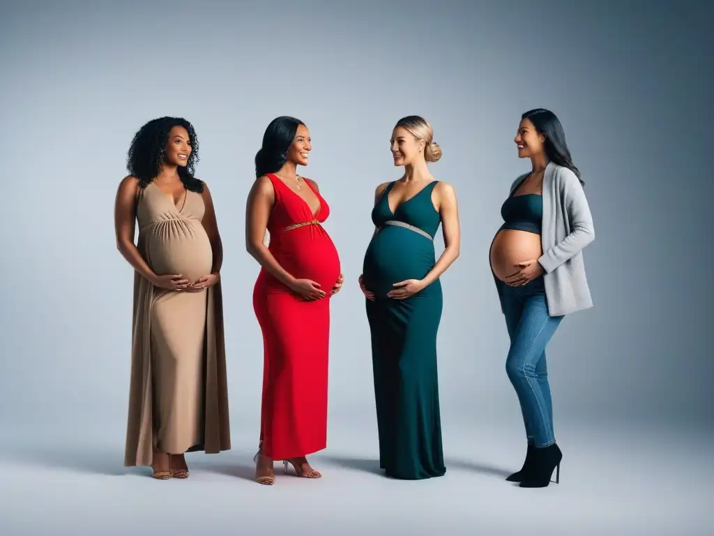 Moda sostenible para embarazadas: diversidad y empoderamiento Moda maternal sostenible: mujeres embarazadas diversas y seguras modelando marcas prácticas en un estudio luminoso y moderno