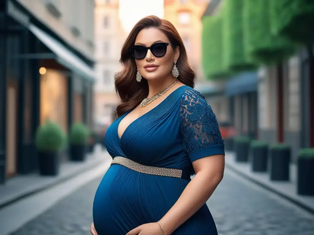 Moda maternidad plussize: Outfit elegante y cómodo en la ciudad Moda maternal tallas grandes elegantes: Mujer embarazada sonriente y elegante en la ciudad