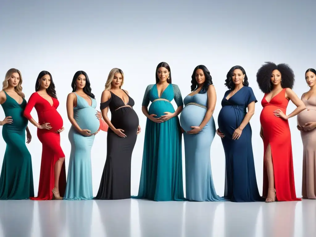 Moda materna inclusiva: empoderamiento para todas Moda maternidad inclusiva: mujeres embarazadas de distintas etnias lucen outfits modernos, rodeadas de tendencias y colaboraciones