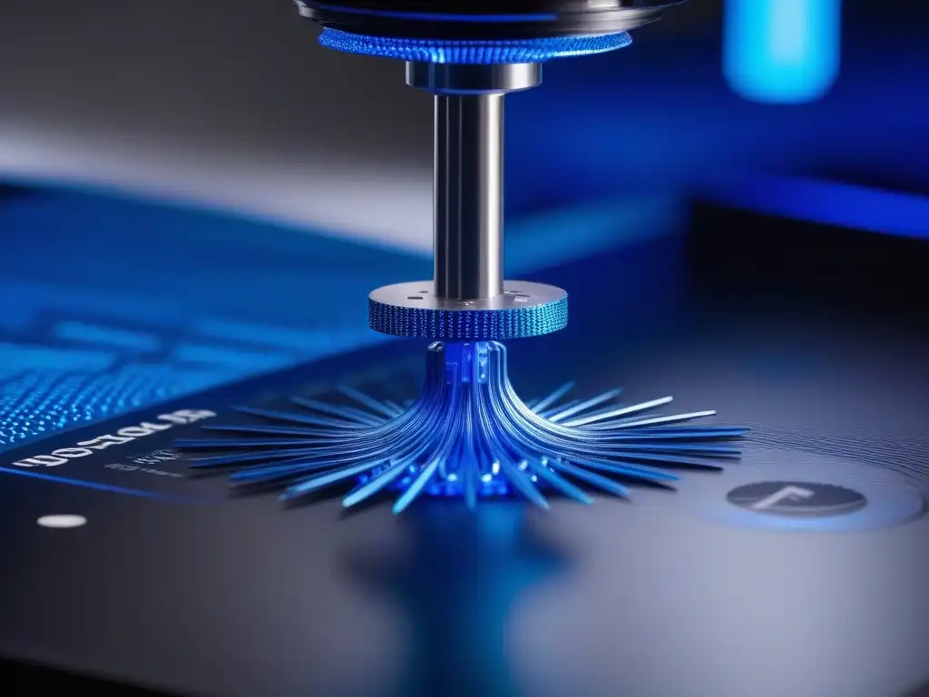 Creación futurista de moda: Manga 3D azul eléctrico Producción moda a medida 3D: Detalle de impresora creando manga futurista azul eléctrico