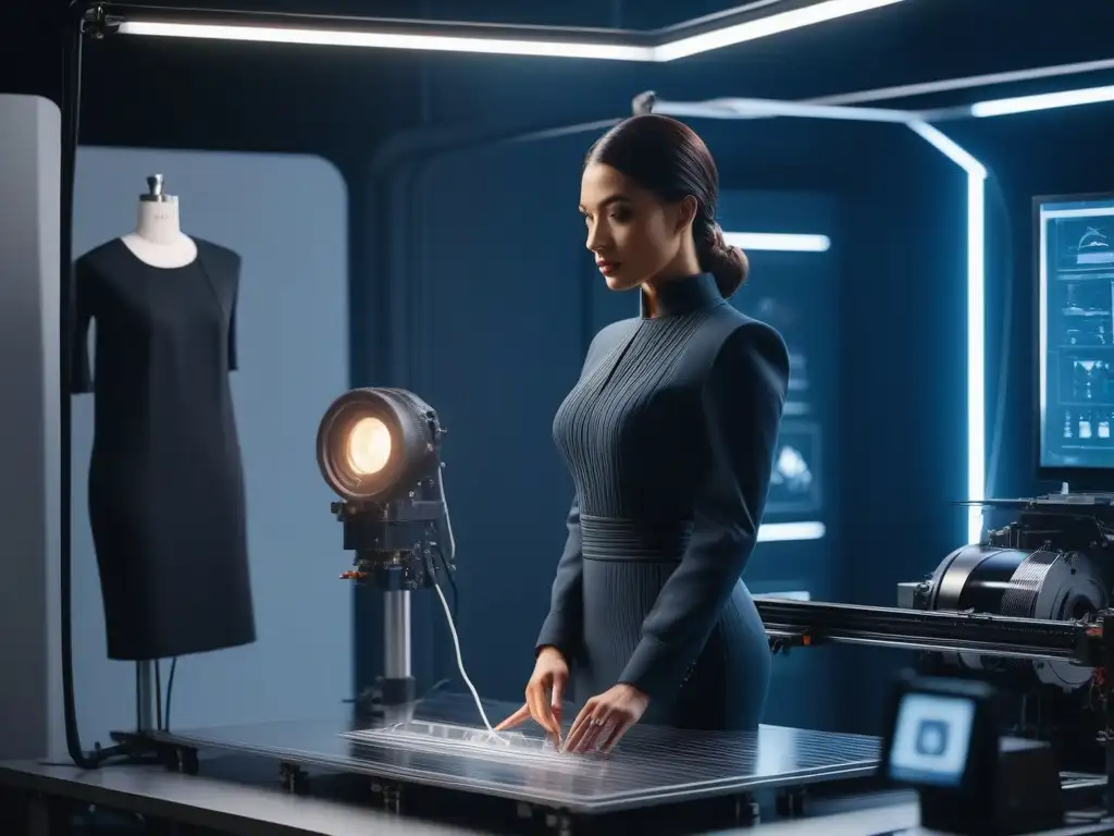 Avanzada impresión 3D creando moda de autor en taller futurista Producción moda a medida 3D: Imagen de una impresora 3D avanzada creando una prenda de alta costura en un taller futurista y elegante