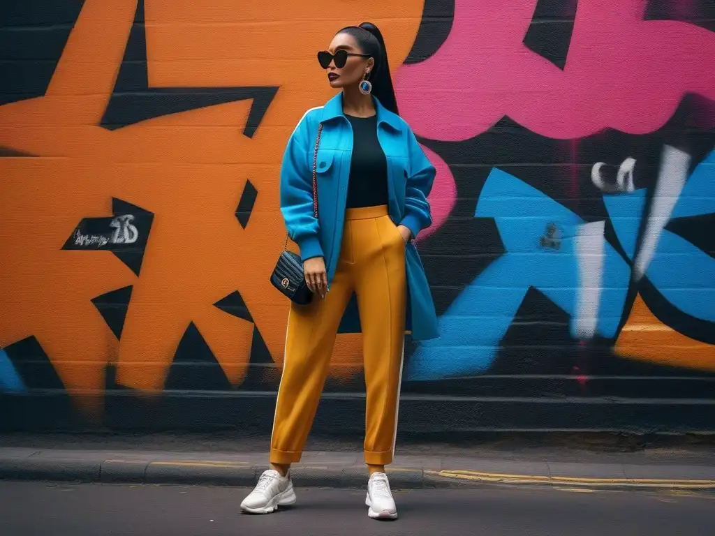 Moda urbana: mujer segura con outfit colorido y audaz Moda mujeres estatura baja 2023: Mujer segura y moderna vistiendo atuendo colorido frente a grafiti