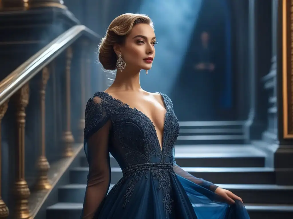 Elegancia en Escalera: Mujer Petite Deslumbrante en Vestido de Noche Moda Petite Eventos Formales: Mujer radiante desciende elegante escalera en lujoso evento, irradiando confianza y sofisticación