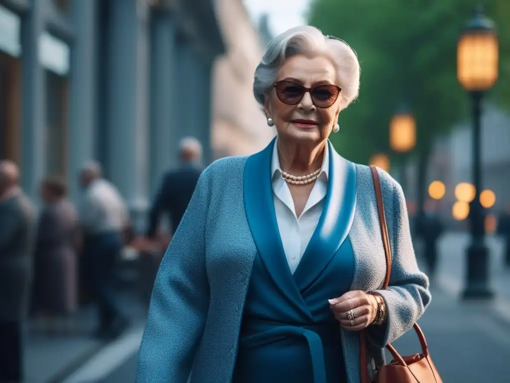Moda para seniors: Elegancia y estilo en la ciudad Moda senior tallas especiales: Mujer mayor elegante y vibrante paseando con confianza por la bulliciosa calle urbana
