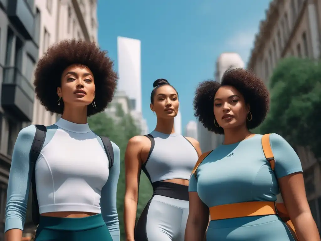 Moda sostenible y adaptable: diversidad en la ciudad futurista Moda sostenible accesible para todos: Ilustración detallada de personas diversas con ropa adaptable y ciudad sostenible
