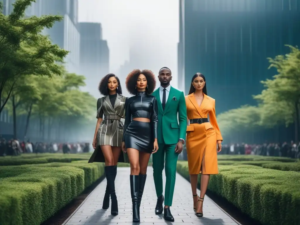 Moda sostenible para petite: empoderamiento y estilo en la ciudad del futuro Moda sostenible para cuerpos pequeños: modelos seguras y estilosas en una ciudad futurista verde, radiantes y empoderadas