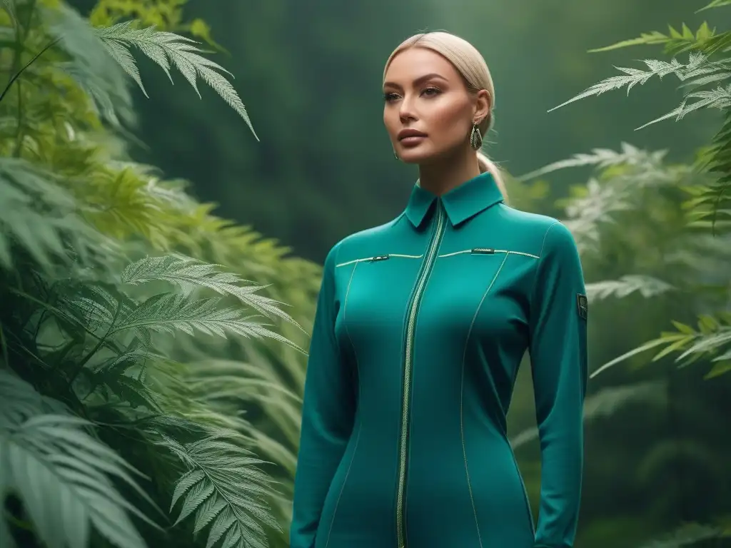 Moda sostenible de cáñamo: elegancia y durabilidad entre la naturaleza Moda sostenible de cáñamo: prendas elegantes, duraderas y cómodas en maniquíes, rodeadas de vegetación exuberante
