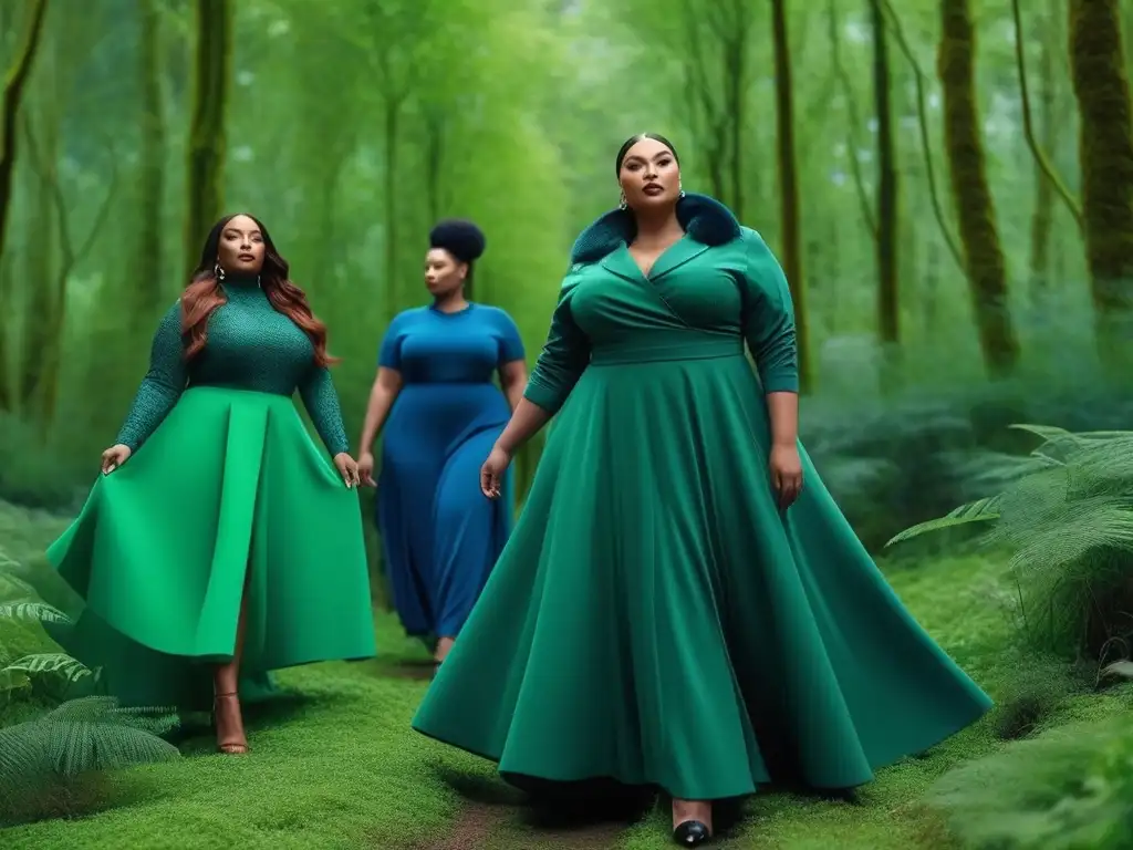 Desfile de moda sostenible: modelos plus size en la naturaleza Moda sostenible tallas grandes reciclados: modelos empoderadas luciendo prendas innovadoras en un bosque verde