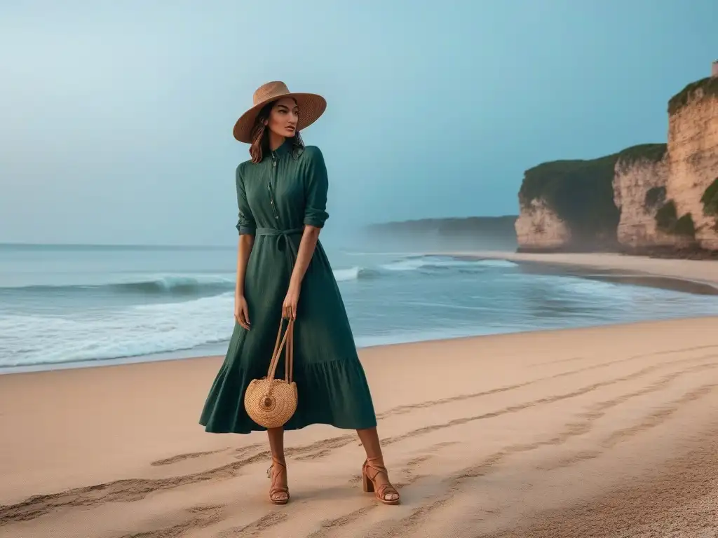 Outfit sostenible para viajes: moda eco en la playa al atardecer Moda sostenible para viajes responsables: Conjunto elegante de lino y corcho en la playa al atardecer