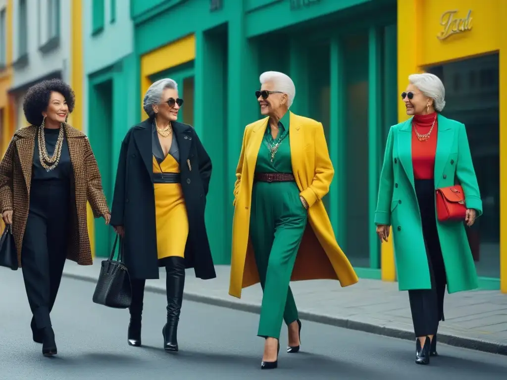 Estilo y elegancia: Seniors modernos y seguros en la ciudad Inspiración moda tallas grandes senior: Grupo elegante de personas mayores con estilo paseando por la ciudad