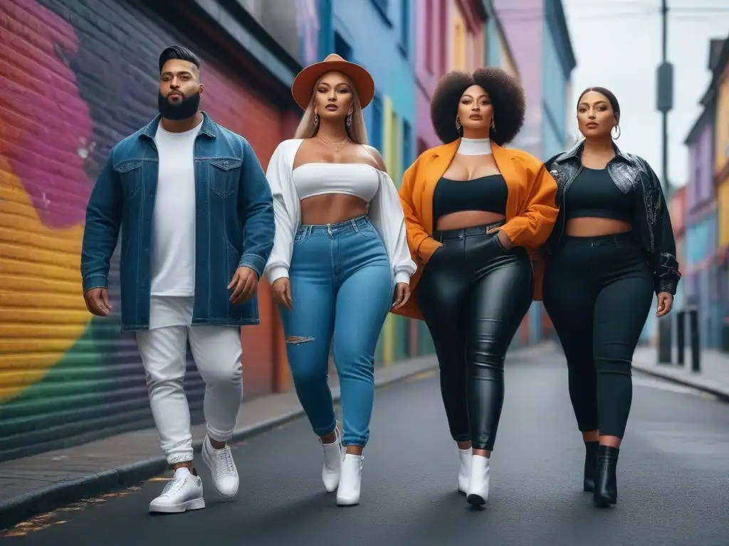 Desfile urbano de moda: diversidad y estilo en la ciudad Inclusión en la moda de tallas: Grupo diverso desfilando con estilo urbano, destacando individualidad y creatividad en la ciudad