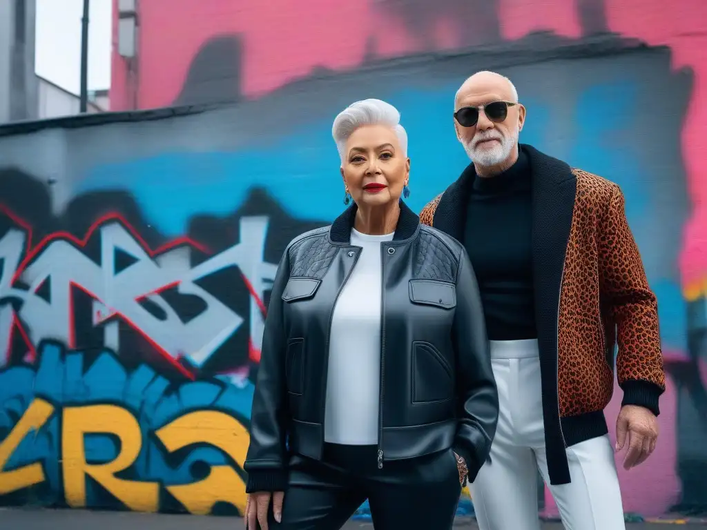 Moda senior urbana: Estilo diverso y vibrante Moda senior y tendencias actuales: Grupo diverso de modelos senior desfilando estilos modernos en la calle con grafitis coloridos de fondo