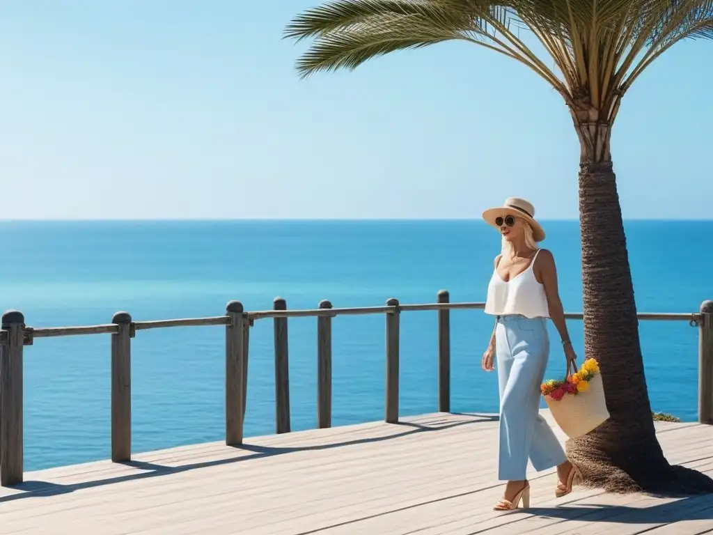 Elegante mujer mayor paseando por el paseo marítimo en verano Moda veraniega para seniors: Mujer elegante paseando en la playa con un look chic y relajado