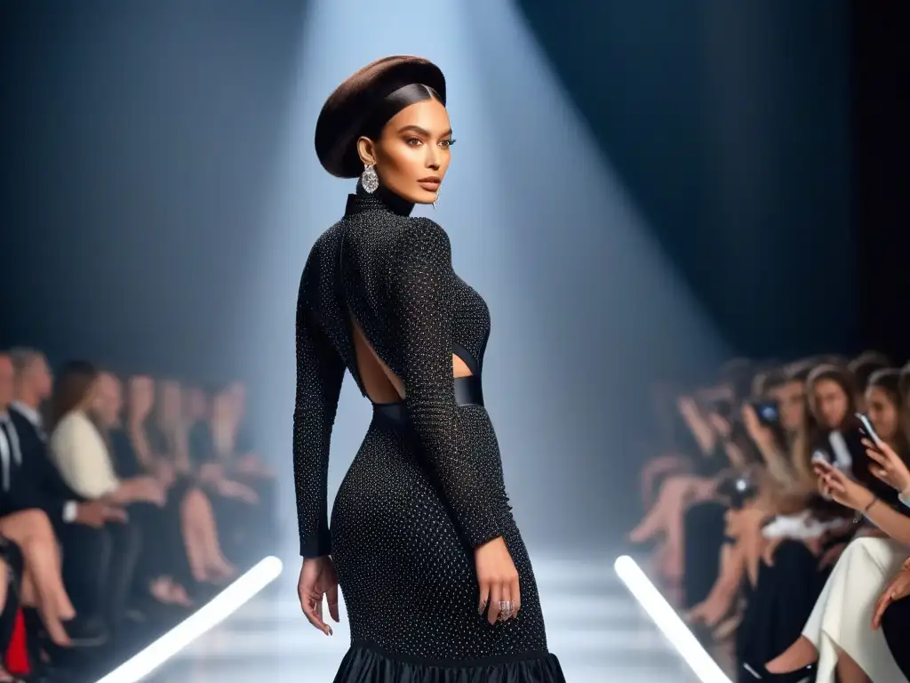 Desfile de moda de lujo para tallas altas: elegancia y empoderamiento Una modelo alta desfila con confianza en una pasarela de moda de lujo para tallas altas exclusivas, irradiando elegancia y estilo