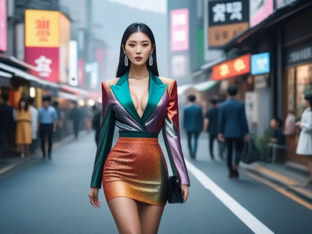Modelo de moda en Seúl: elegancia vanguardista y altura deslumbrante Una modelo alta deslumbrante camina con confianza por las bulliciosas calles de Seúl, luciendo las últimas tendencias de moda inclusiva
