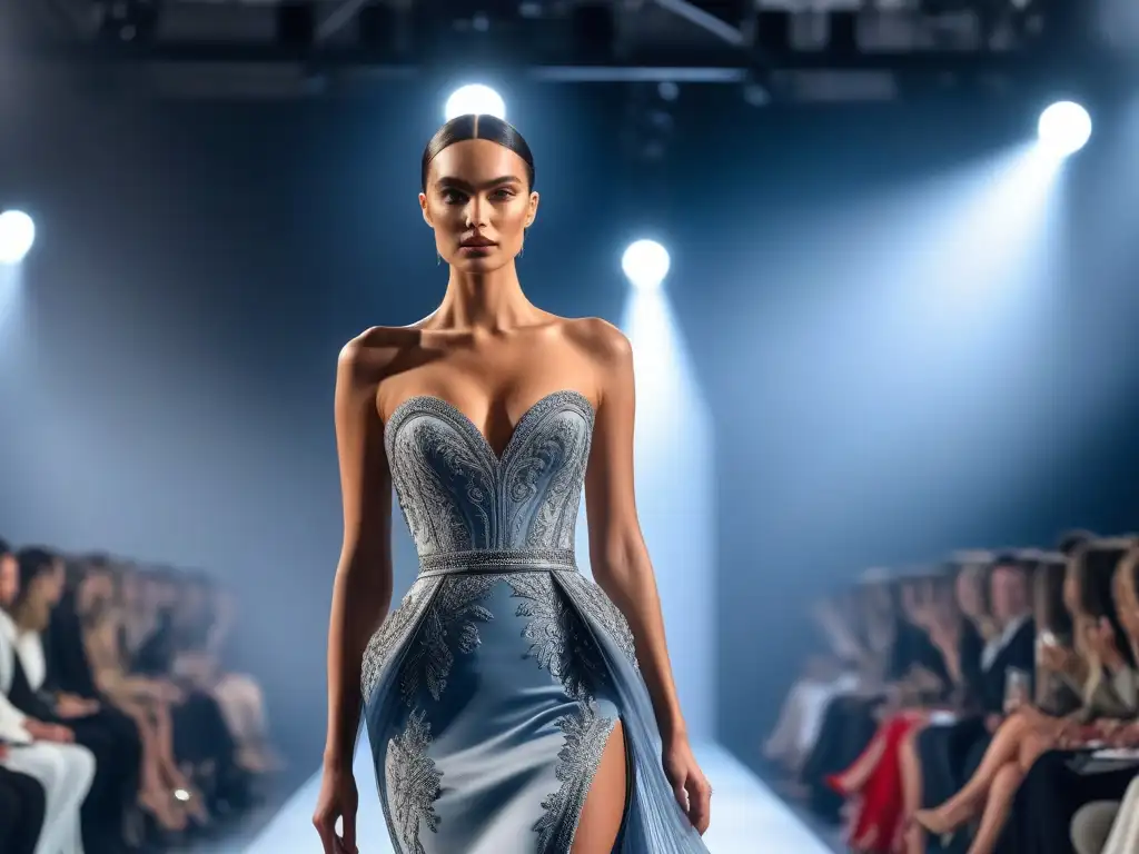 Deslumbrante modelo alta desfila en pasarela de alta costura Una modelo alta desfila con elegancia en una pasarela de moda de lujo