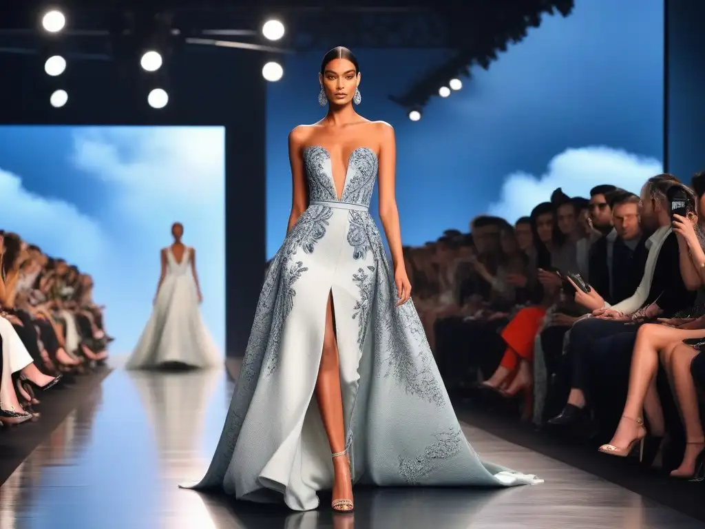 Desfile de moda: modelo alta deslumbra con elegancia en haute couture Una modelo alta y elegante desfila con confianza en una pasarela con un vestido de alta costura exquisitamente diseñado