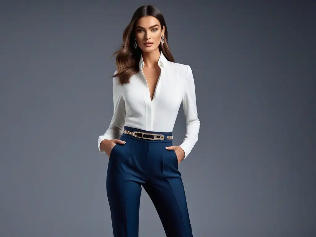 Modelo alta en atuendo ajustable y elegante: moda para personas altas Una modelo alta y elegante muestra confianza en un conjunto de ropa ajustable para altos, resaltando estilo y sofisticación