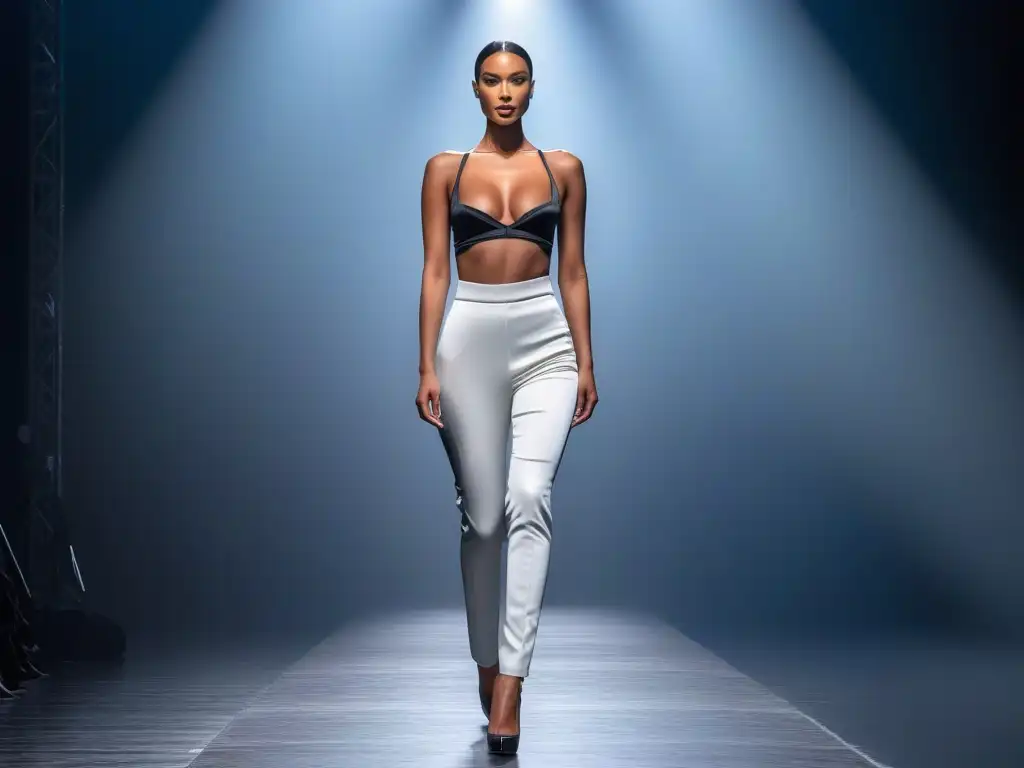 Desfile de moda: Elegancia y poder en la pasarela Una modelo alta y segura desfila en la pasarela, rodeada de profesionales de la moda, superando desafíos con elegancia y determinación