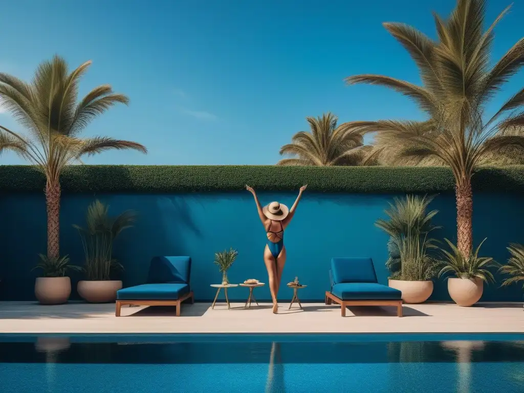 Sofisticado traje de baño para personas altas en escenario tropical Un modelo alto y seguro posa elegantemente junto a una piscina en un traje de baño para altos, en un escenario tropical lujoso