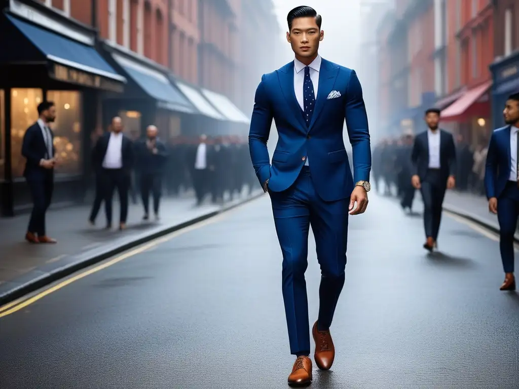 Modelo asiático en traje azul camina con estilo por la ciudad Modelo asiático viste elegante traje azul en la ciudad, reflejando moda masculina inclusiva cine televisión