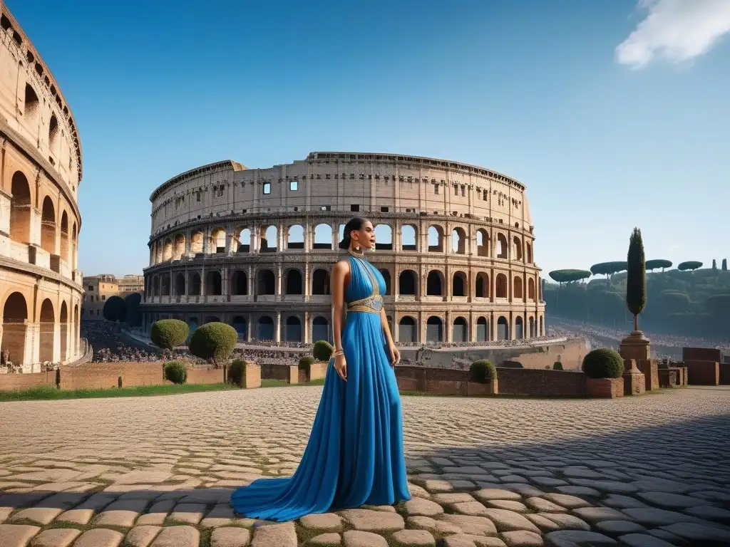 Elegancia romana contemporánea frente al Coliseo en alta resolución Una modelo con atuendo romano moderno frente al Coliseo en Roma, fusionando historia y moda