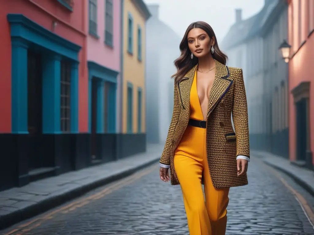 Modelo deslumbrante en la ciudad: moda vibrante y sofisticada Modelo con atuendo vibrante, colores y estampados impactantes caminando con confianza en la calle