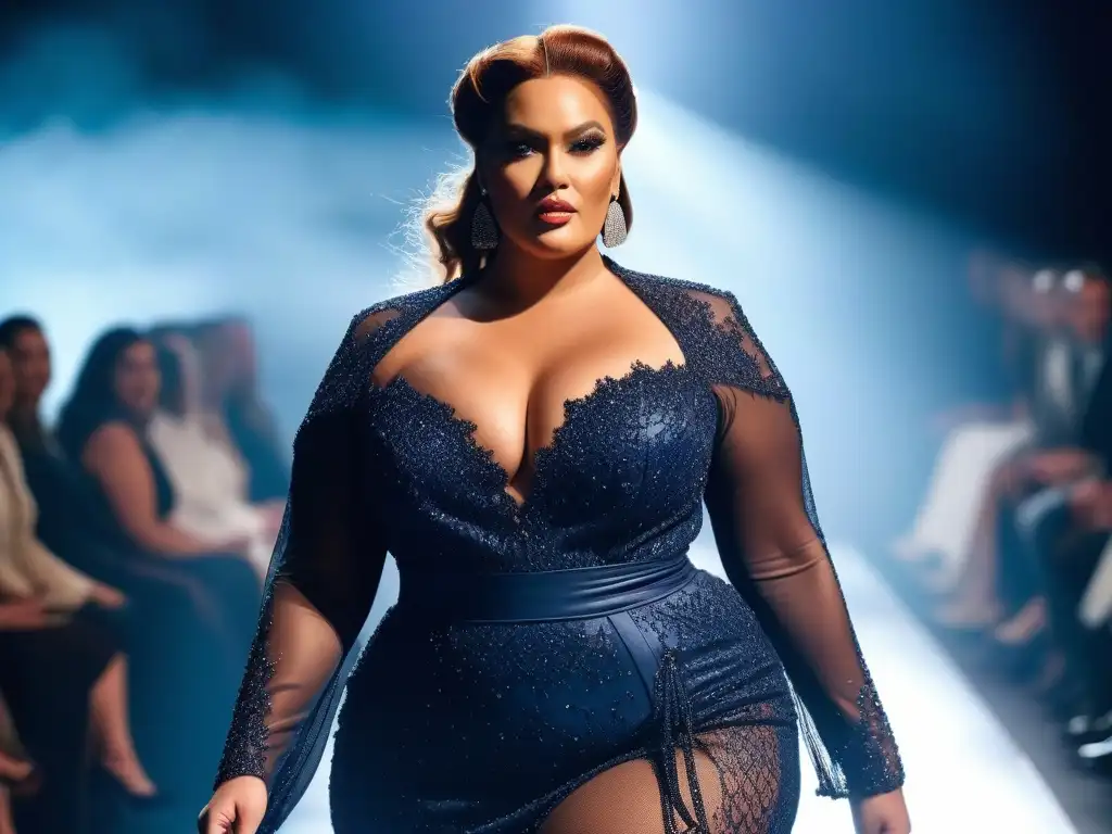 Desfile de moda: modelo plus size empoderada desafiando estereotipos Una modelo plus size desfila con autoestima, desafiando estigmas en la moda