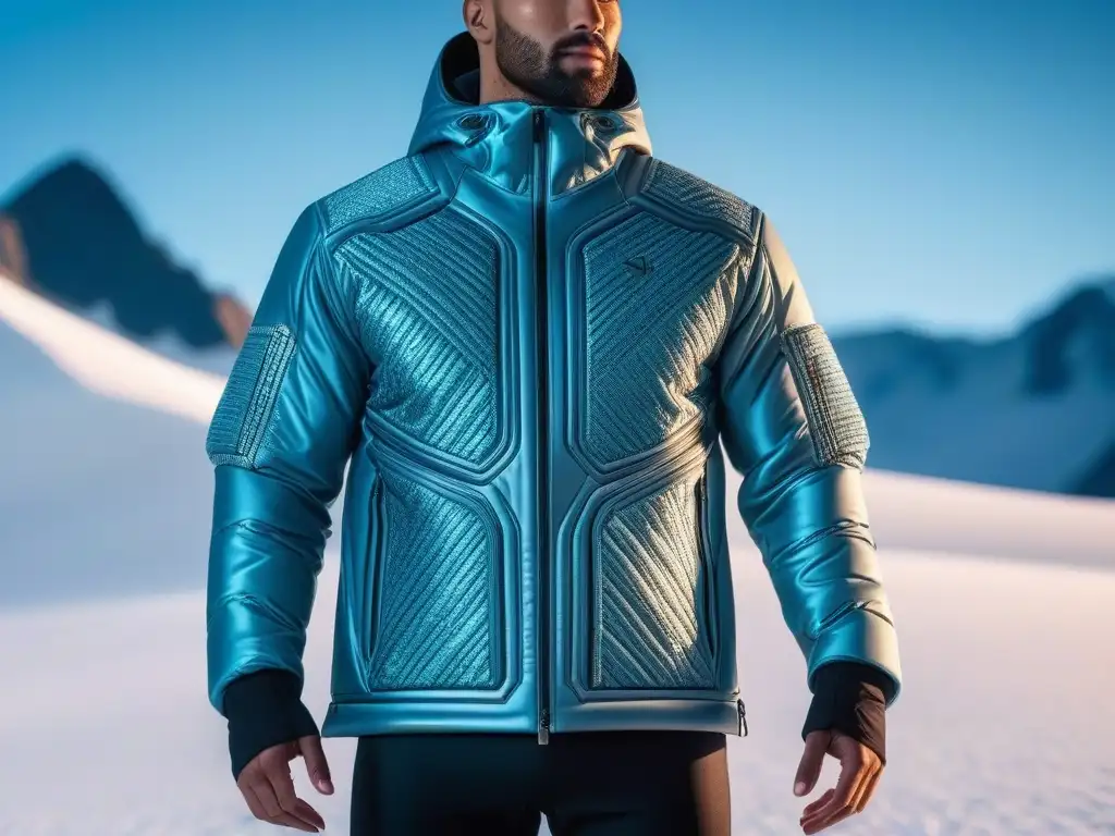 Chaqueta futurista con luces LED en la nieve Modelo con chaqueta futurista que cambia de color según la temperatura, con luces LED brillantes, en paisaje montañoso nevado