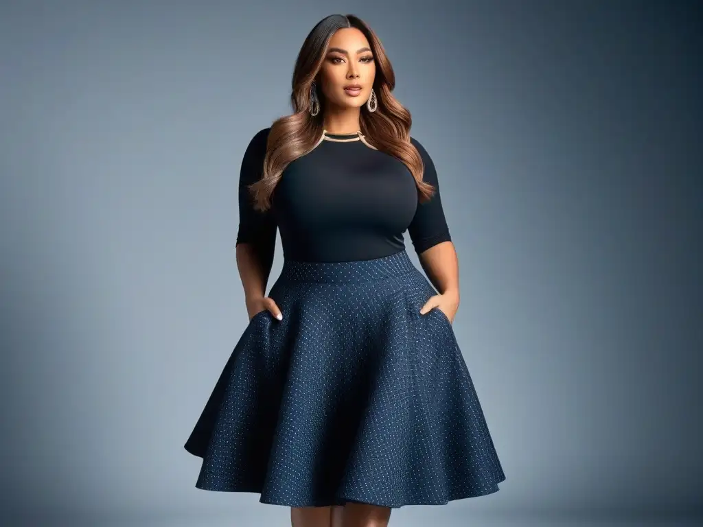 Empoderamiento en moda: mujer segura luce falda plussize a la moda Una modelo plus size luce confiada una falda moderna que realza su figura